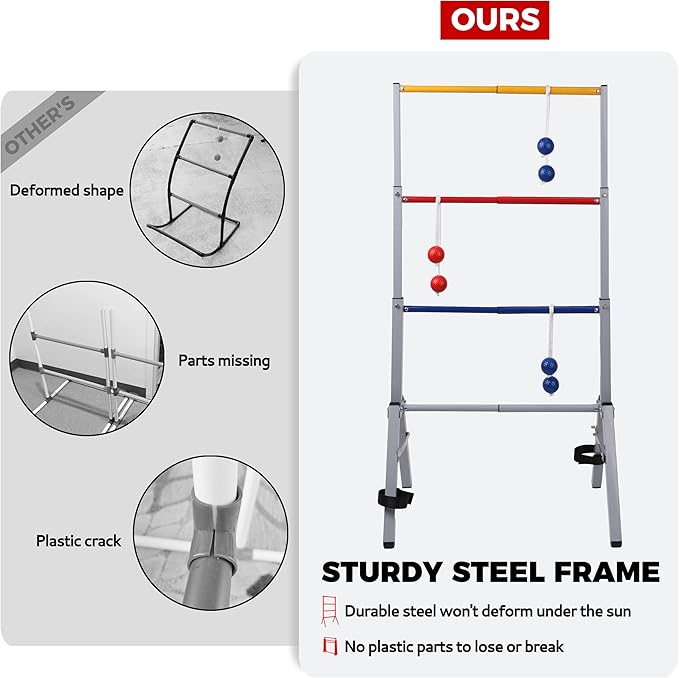 Outdoor Games Ladder Ball Set - Patented Assembly Free Portable Ladder Toss - Steel Frame Includes Carrying Case, 6 Bolas and Scoresheet