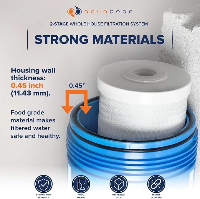 Aquaboon 2-Stage Whole House Water Filter System 20x4.5 inch with Prefilter & KDF, Sediment, Gauge & Release, Wrench, Freestanding Steel Frame