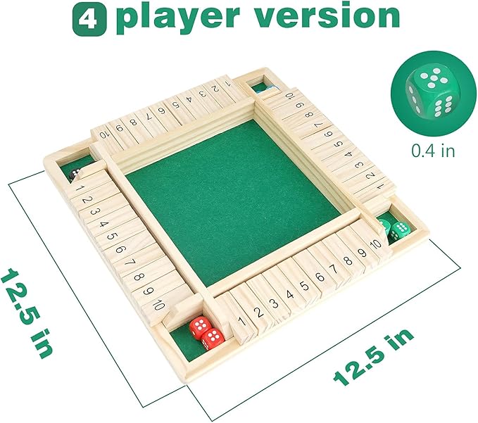Shut The Box Dice Game,Wooden Board Table Math Game for 1-4 Players,Classic Family Game with 12 Dices for Kids Adults Pub Classroom or Home(12 Inches)