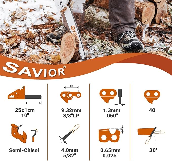 Savior 3PC 10 Inch Chainsaw Chain, Replacement 10" Pole Saw Chain for WORX WG309 Sun Joe SWJ803E SWJ807E Remington RM1035P - S40 3/8'' .050'' 40 Drive Links