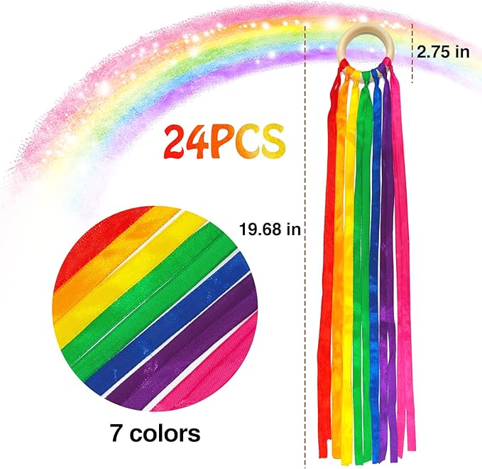 24Pcs Rainbow Ribbon Streamers Waldorf Toys Creative Waldorf Hand Kite Set Streamers with Wood Ring Sensory Learning Educational Toy for Playroom Dancing Birthday (Rainbow Colors)