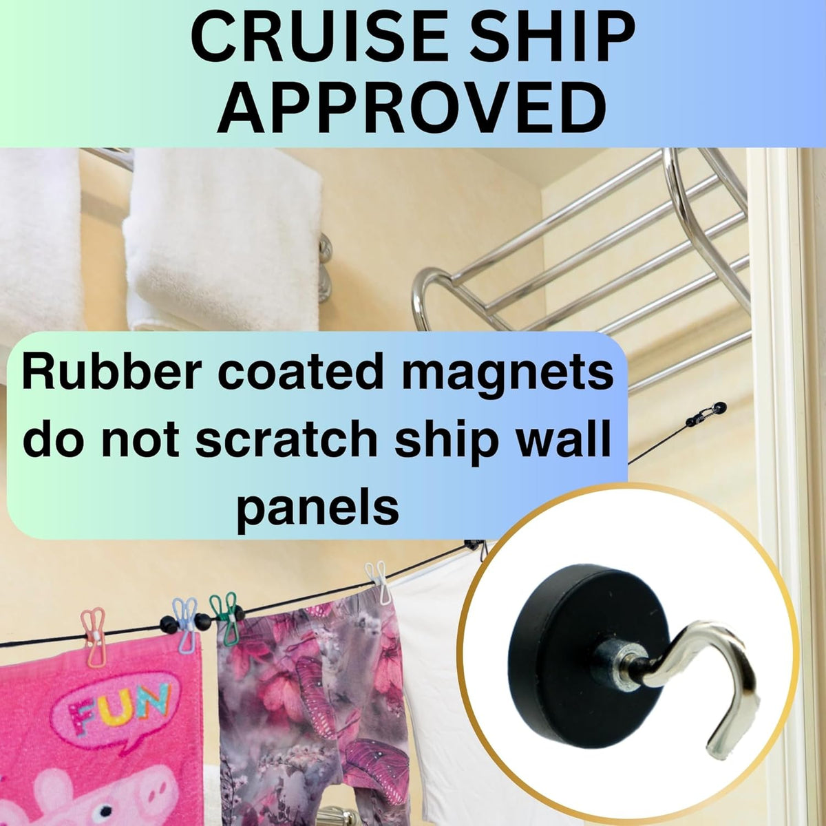 Magnetic Clothesline for Cruise Ship Cabin Approved - Strong Rubber Coated Non-Scratch Magnets, Travel Clothesline for Cruise Ship Essentials 2025 Updated Stronger Magnets
