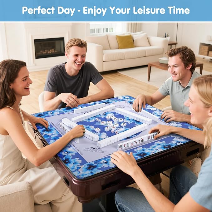 Mahjong Mat for Table 31.5x31.5Inch,Anti-Slip, Noise-Reducing American Mahjong Mat with Rules, Mahjong Table Mat with Carry Bag,Neoprene Mahjong Mat for Poker, Cards, Board.(Blue)