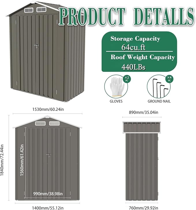 5x3x6FT Outdoor Storage Shed, Galvanized Steel Garden Shed with Lockable Door & Window, Waterproof Metal Tool Storage for Garden, Backyard, Patio, Lawn(Peak Roof)