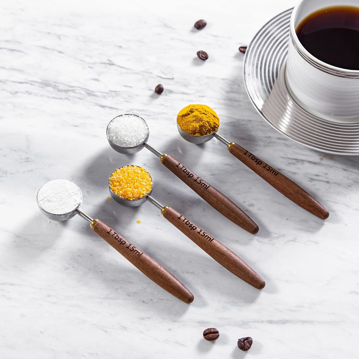 4PCS Wood Scoops for Jars Wooden Scoops for Canisters 1Tbsp Measuring Spoons for Coffee Bean Powder Coffee Scoop Measuring Scoop for Salt Sugar Multipurpose-Black Walnut+304 Stainless Steel
