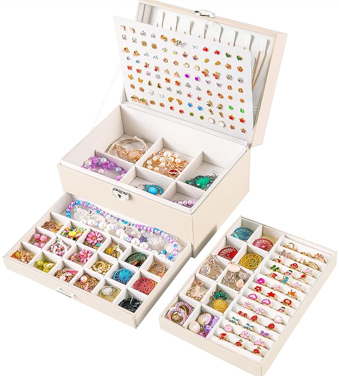 Earrings Jewelry Box for Girls, 5 Layers Jewelry Organizer with Earring Holder Organizer for Girls Earring Organizer Jewelry Boxes for Women Earrings and Necklaces Jewelry Box Organizer Beige