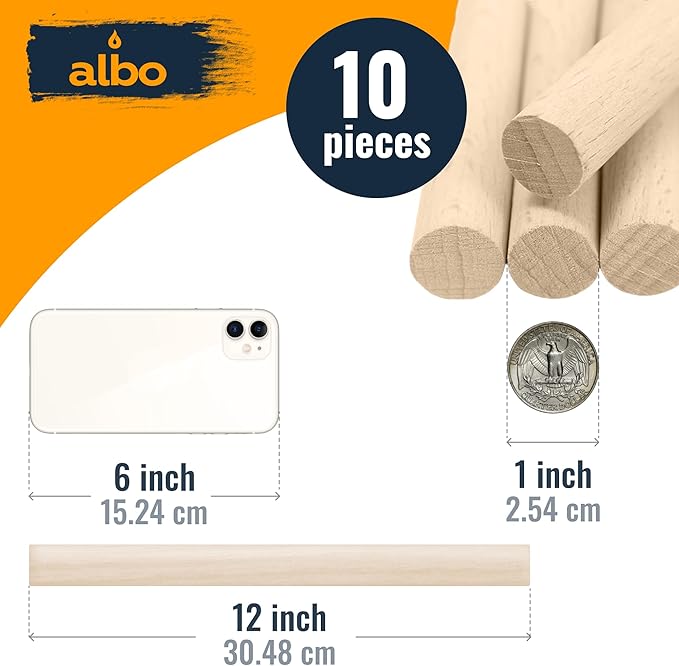 ALBO 1" x 12" Wooden Dowel Rods Set - 10 Pack Birch Natural Sturdy Hardwood Craft Sticks Woodworking Furniture Shelving Smooth Finish Versatile Size DIY Projects Bulk Professional Pack