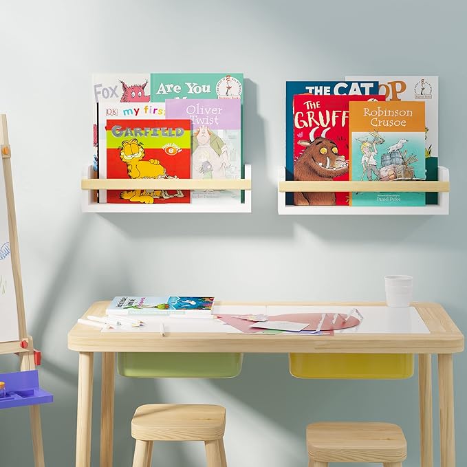 Wallniture Florida 24 inch Wall Bookshelf for Kids Room, Floating Shelves Nursery Decor, Wood White Wall Shelf Set of 2 Kitchen, Bathroom Decor (16'')
