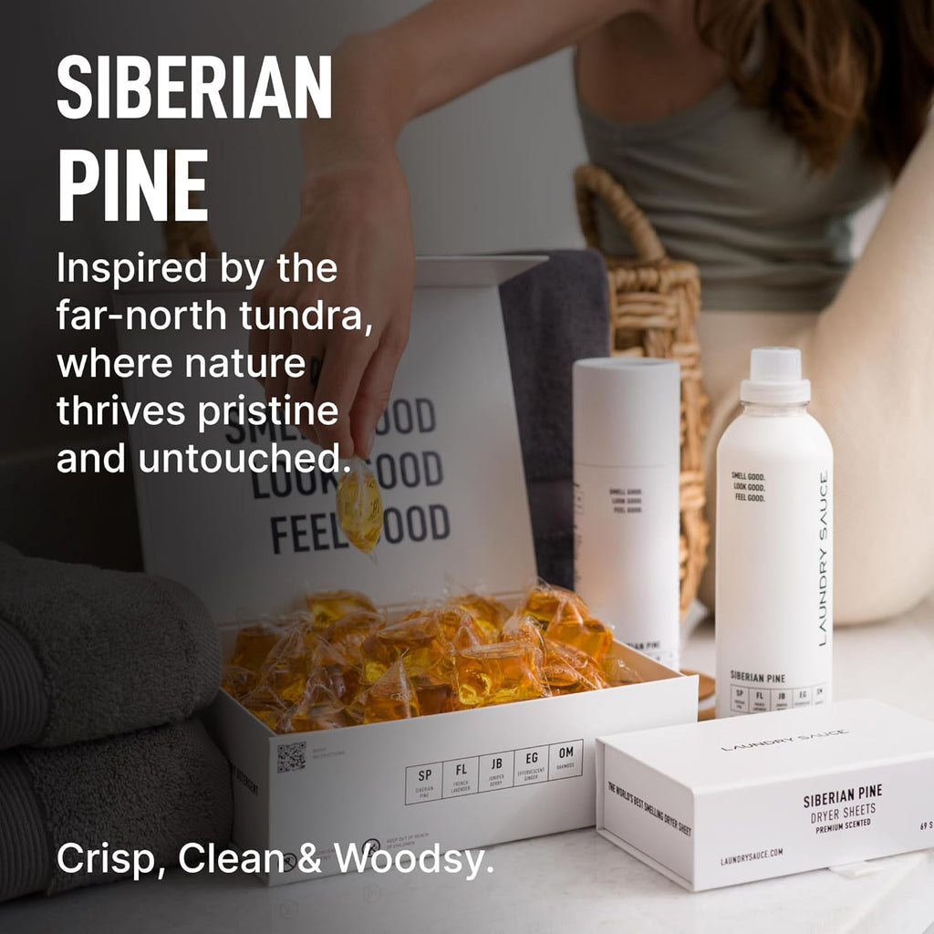 Laundry Sauce - Signature Bundle Siberain Pine, Scented Laundry Detergent Pods & Scent Booster, Fabric Softener, Dryer Sheets, Fabric Protection, Essential Oils, Long Lasting Luxury Fragrance