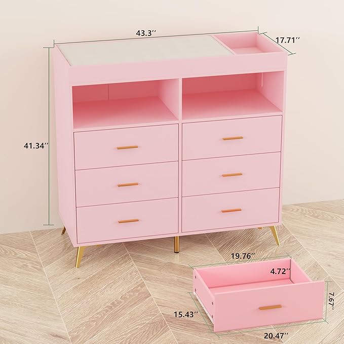 Changing Table Dresser with Drawers, Baby Dresser with Changing Table Top, Power Outlet, LED Light & Metal Feet, Diaper Changing Station Nursery Organizer for Infants Newborn, Pink
