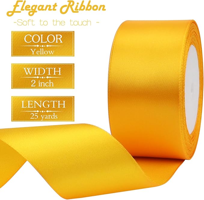 Yellow Solid Satin Ribbon 2 Inch 25 Yards Solid Polyester Fabric Ribbon for Gift Wrapping Wedding Christmas Baby Shower Birthday Party Decoration Handmade Immortal Flower Craft