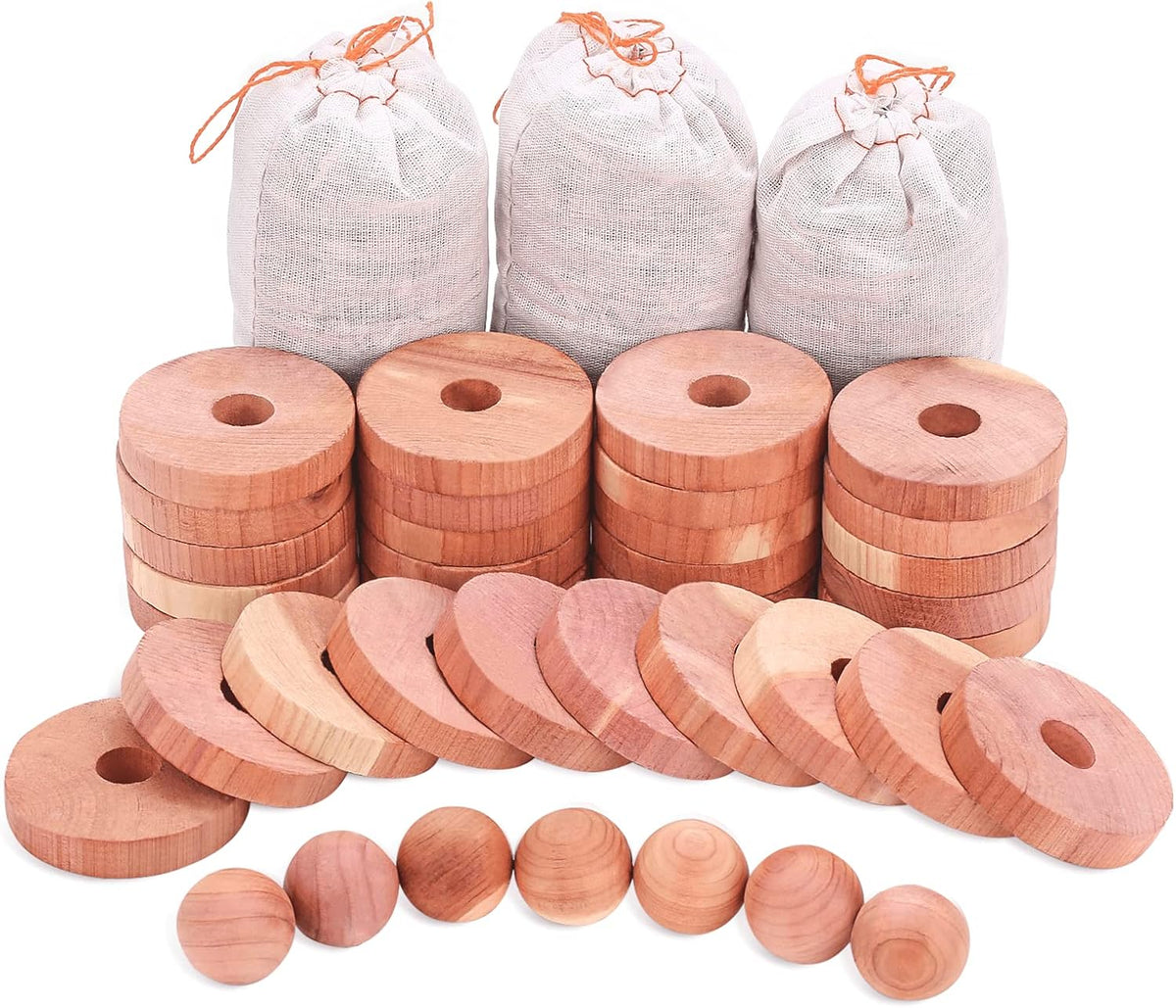 Homode Cedar Chips and Bags, Fresh Cedar Wood Rings and Sachets for Clothes and Shoes Storage, Ideal for Closets and Drawers, 40 Pack