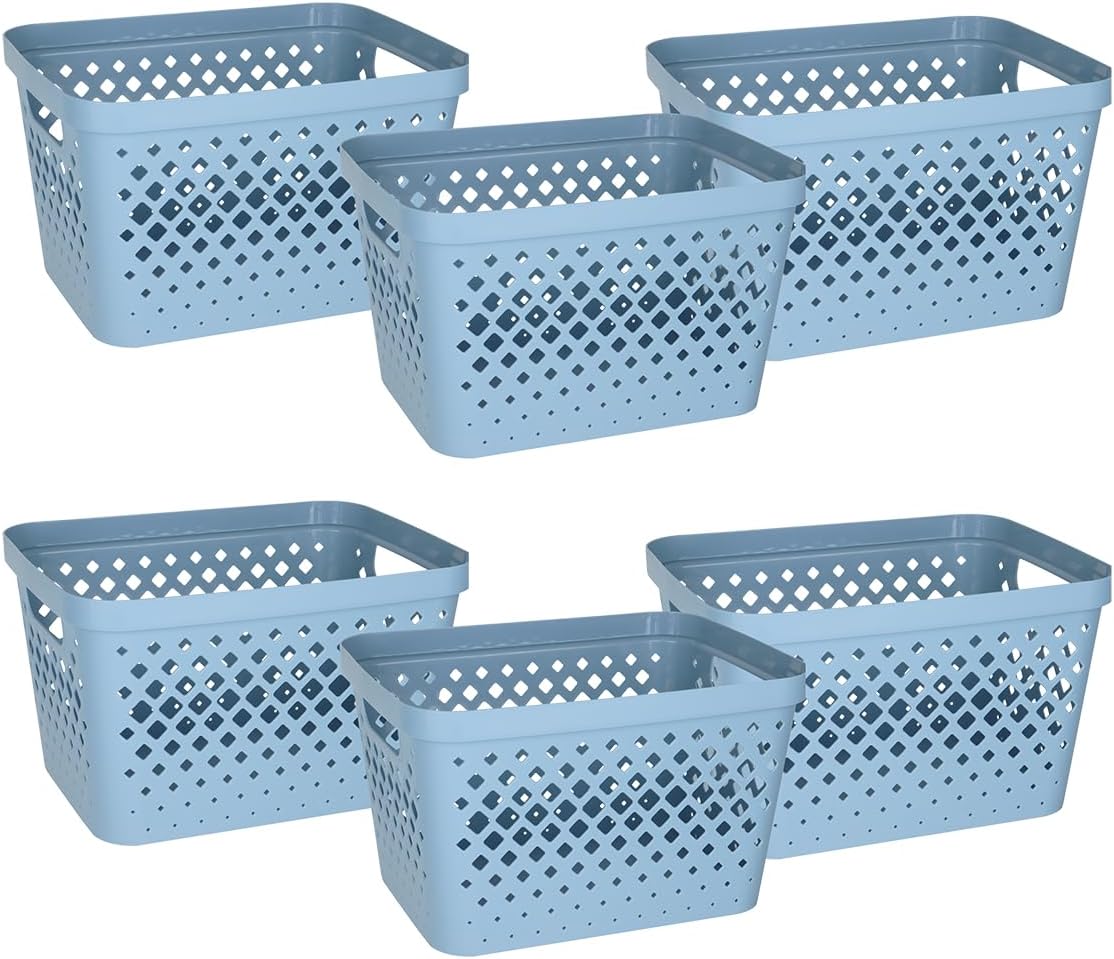 Glad Plastic Storage Basket Set, Value Pack of 6 | Open Storage Bins for Shelves, Bathroom, Pantry, Closet | Nesting Organizer Boxes with Handles, 4 Gallon, Marina Blue