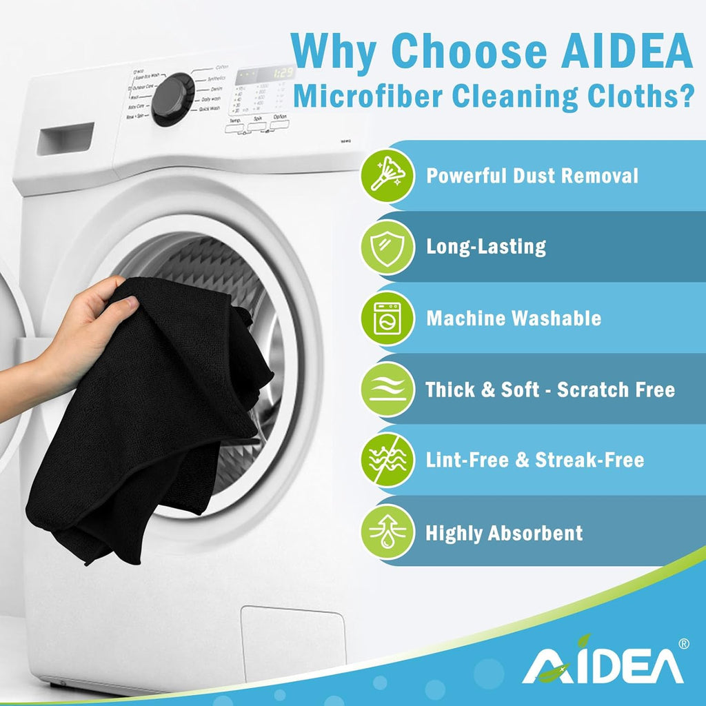 AIDEA Microfiber Cleaning Cloth Black 12PK, Microfiber Towels for Cars, Premium Car Cloths, Dusting Cloth Lint Free Cleaning Rags for SUVs, House, Kitchen, Window, Workshops,11.5×11.5"
