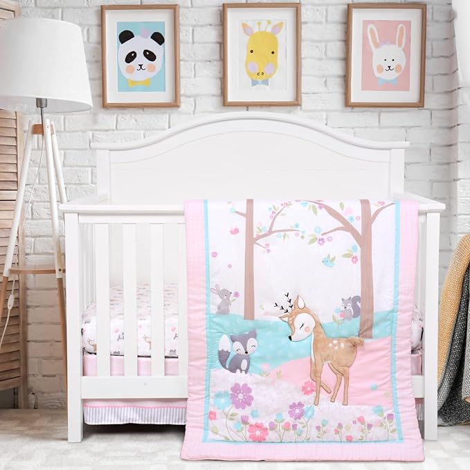 UOMNY Crib Bedding Set for Girls 3 Piece Woodland Baby Girl Crib Bedding Set Include Fitted Crib Sheet Comforter Crib Skirt