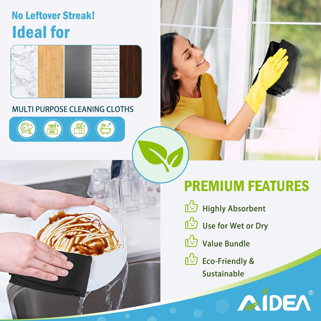 AIDEA Microfiber Cleaning Cloth Black 50PK, Microfiber Towels for Cars, Premium Car Cloths, Dusting Cloth Lint Free Cleaning Rags for SUVs, House, Kitchen, Window, Workshops,11.5×11.5"