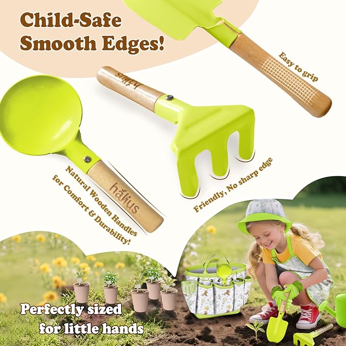 Kids Gardening Tool Set 18PCS Kids Toddler Gardening Set Includes Tote Bag Watering Can Apron Hat Rake Shovel Spoon Gloves Plant Pots and Labels, Outdoor Toys Gift for Boys Girls (Green)
