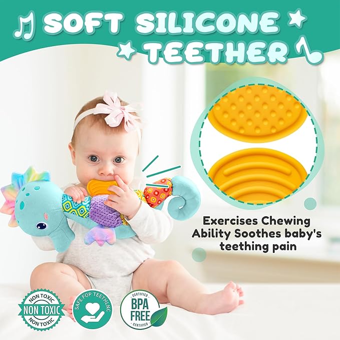 Baby Toys 0 to 12 Months, Musical Stuffed Animal Activity Soft Toys with Multi-Sensory Crinkle, Rattle and Textures, Infant Tummy Time Toys for Newborn Boys, Seahorse, Blue