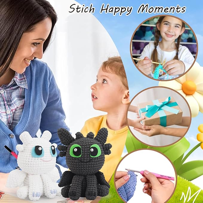 Crochet Kit for Beginners,Beginner Crocheting Animals Kits w Step-by-Step Video Tutorials, Knitting Starter Pack for Adults and Kids,2 Pack Dragon