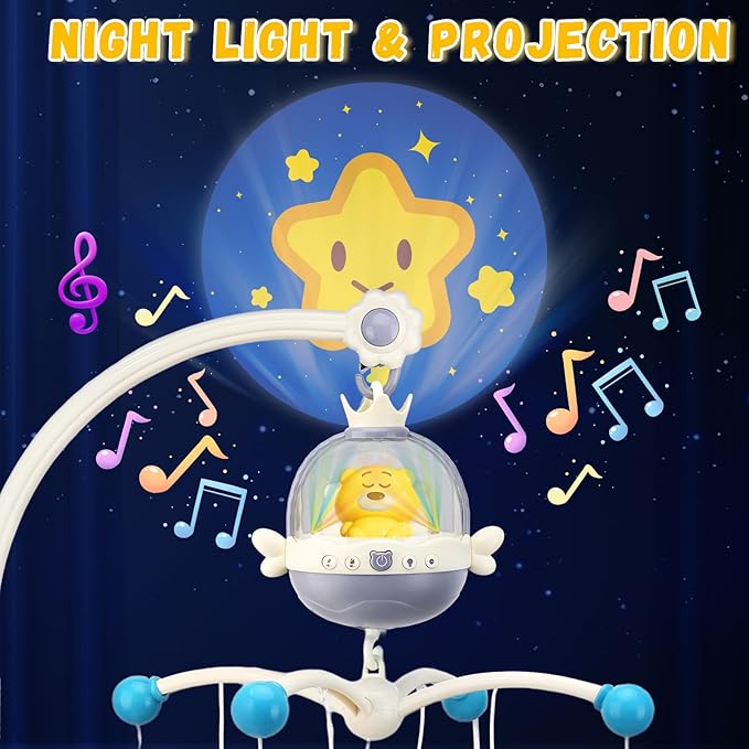 Baby Crib Mobile with Night Lights and Music,Hanging Mobile for Crib Bassinet with Rotation, Projection,Remote Control,Babies Crib Toys for Nursery Newborn Infant Boys Girls (Gray)