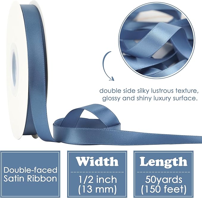 HUIHUANG Satin Ribbon 1/2 inch X 50 Yards Continuous, Smoke Blue Double-Faced Satin Ribbon for Gift Wrapping, Bows, DIY Crafts, Flower Bouquet, Bridal Shower Wedding Decor