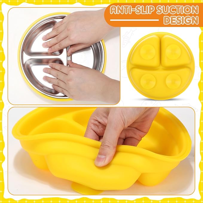 Nuogo 2 Pcs Stainless Steel Baby Suction Plates with Removable Silicone Shell 2-in-1 Metal Toddler Bowl Divided for Picky Eaters Kids Feeding Led Weaning Supplies, Dishwasher Safe (Yellow,Orange)