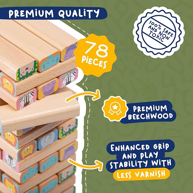 Nene Toys Wooden Block Stacking Game – 4-in-1 Tumble Tower Family Board Game with Building Blocks, Cards and Dice – African Safari Educational Wooden Toy for Kids 3-9 Years Old About Animals
