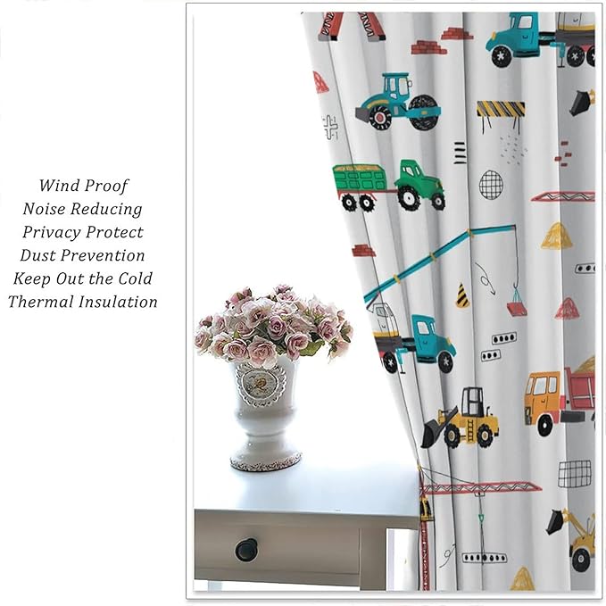 Construction Window Curtains, Kids Cartoon Construction Machines Building Hand Drawn Doodle Rod Pocket Decorative Windows Curtain for Children Teens Room Decor 42x63in (30% Blackout)