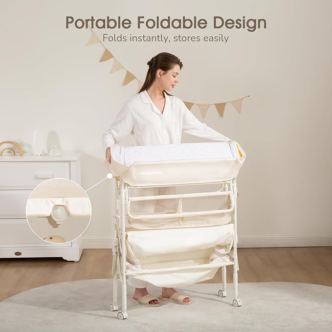 Baby Changing Table with Wheels, Maydolly Portable Foldable Changing Table, Waterproof Diaper Changing Station, Adjustable Height Changing Station, Mobile Nursery for Newborn and Infant (Beige)