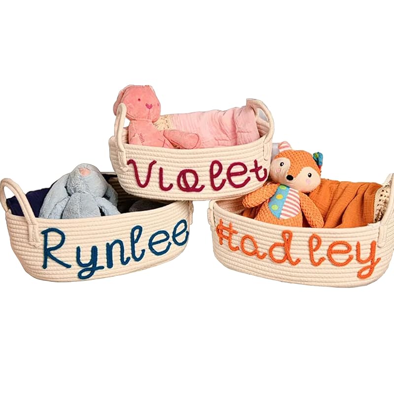 Personalized Baby Name Basket, Custom Woven Baby Shower Gift Basket with Cotton Rope Handle Baby Diaper Nursery Shelf Storage Basket Bin for Kids' Bedroom (Style 3)