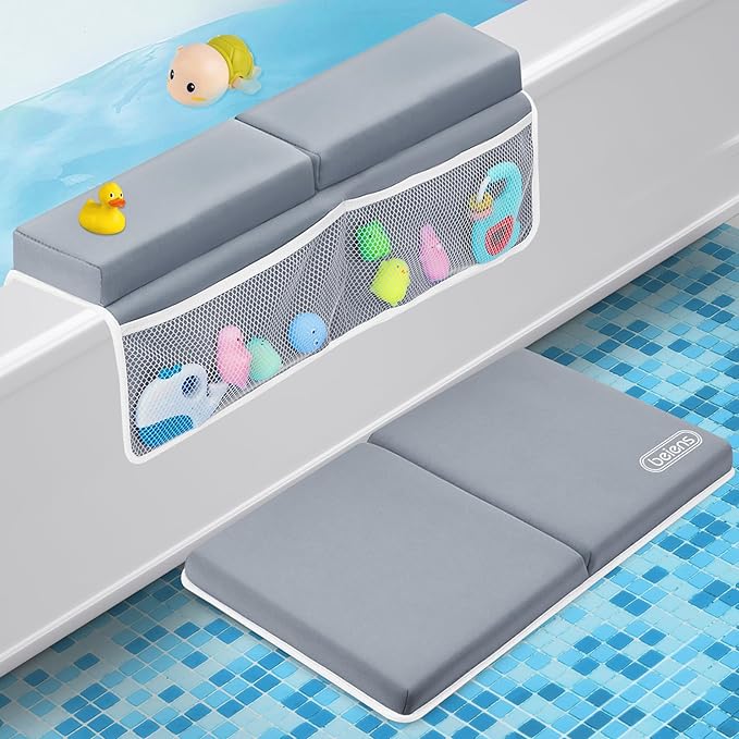 beiens Bath Kneeler and Elbow Rest Pad Set - 1.5'' Comfortable Thick Baby Bath Kneeler Pads, Quick Dry Soft Kneeling Pad for Baby Bath Time, Non-Slip Knee& Arm Support Bathtub Mat with Toys Organizer