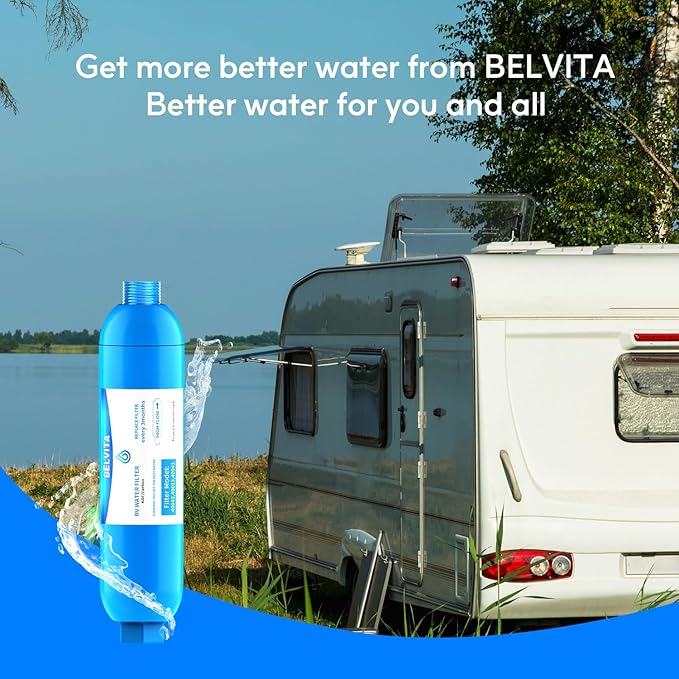 BELVITA RV Inline Water Filter with Solid Brass 90 Degree Hose Elbow, Eliminates Stress and Strain On RV Water Intake Hose Fittings(2 Pack)