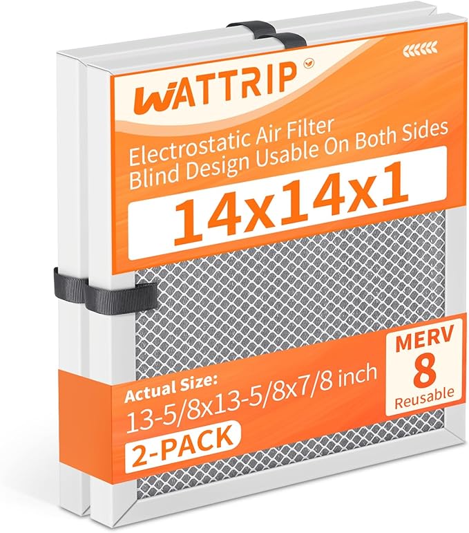 2-Pack 14x14x1 MERV 8 Reusable & Washable Electrostatic Air Filters - Long-Lasting Filter for HVAC, Furnace & Air Conditioner Units, Actual Size: 13-5/8” x 13-5/8” x 7/8”