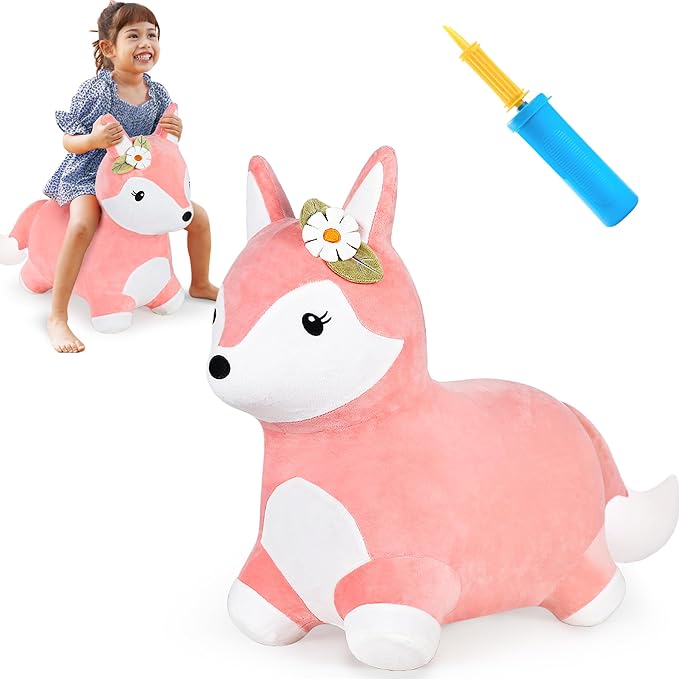 iPlay, iLearn Bouncy Pals Hopping Fox Horse, Toddler Girl Inflatable Bouncing Animal Hopper Toy, Outdoor Indoor Plush Ride on Bouncer, Baby Birthday Gift 18 Month 2 3 4 Year Old Kid - Fox