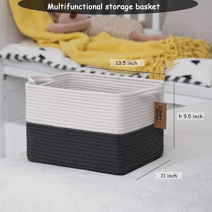 COMFY-HOMI Cotton Rope Woven Basket with Handles for Shelves,Toys,Book, Cloth Storage Baskets Bin for Organizing-13.5"x11"x9.5" Toy Decorative Organizer for Living Room, Bathroom-White/Dark Grey