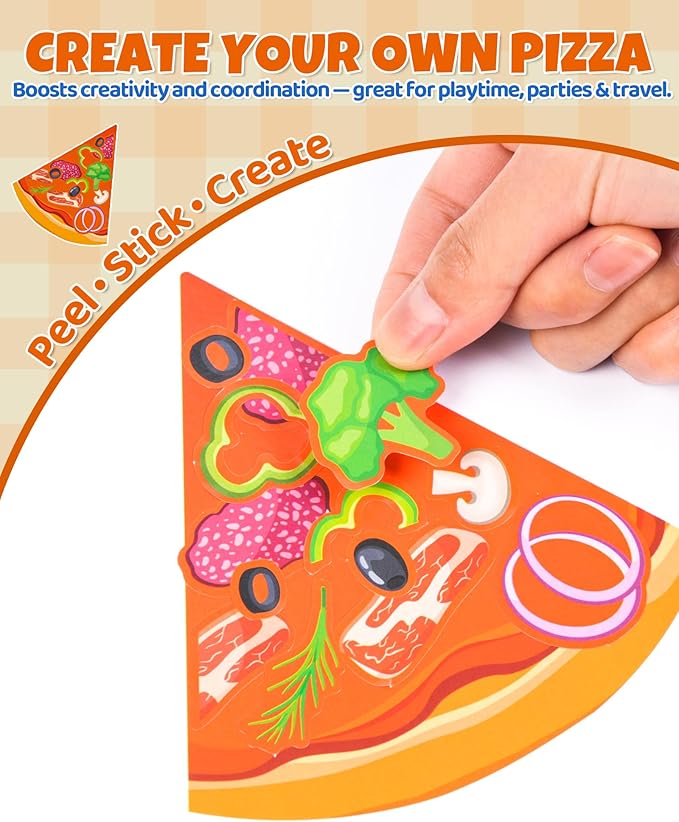 Aowplc 32 Sheets Make A Pizza Stickers for Kids, 8 Designs Mix 'n Match Pizza Crafts, Party Favors & Classroom Activities
