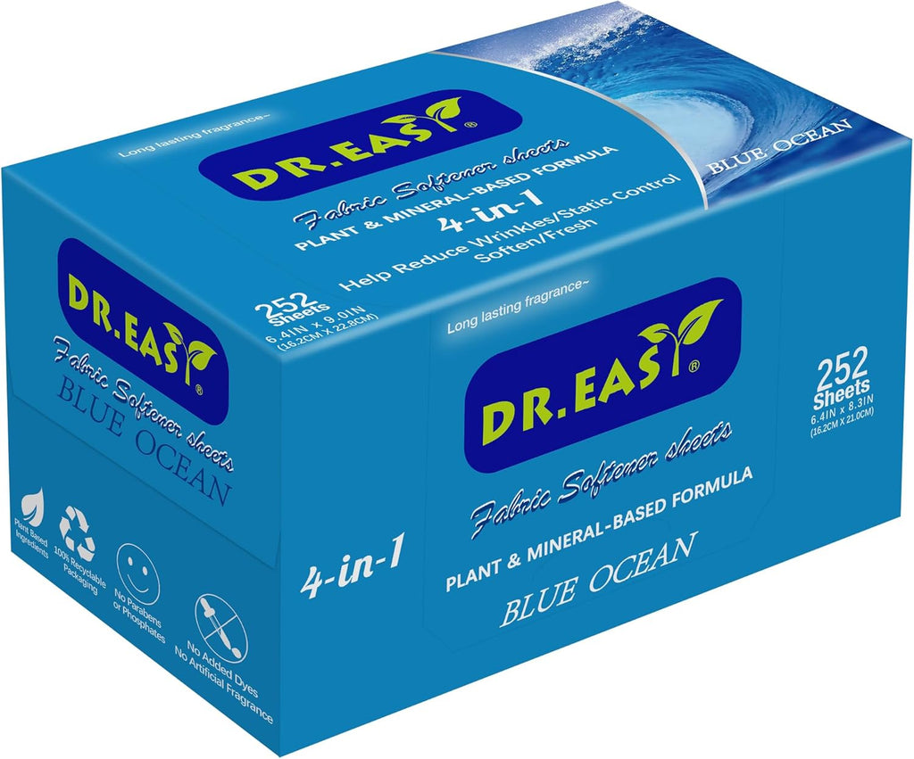 DR.EASY Dryer Sheets Plant Based Formula 252 Ct BLUE OCEAN,Softener sheets for Laundry Unscented No Dyes Reduce Static & Wrinkles Help Repel Pet Hair