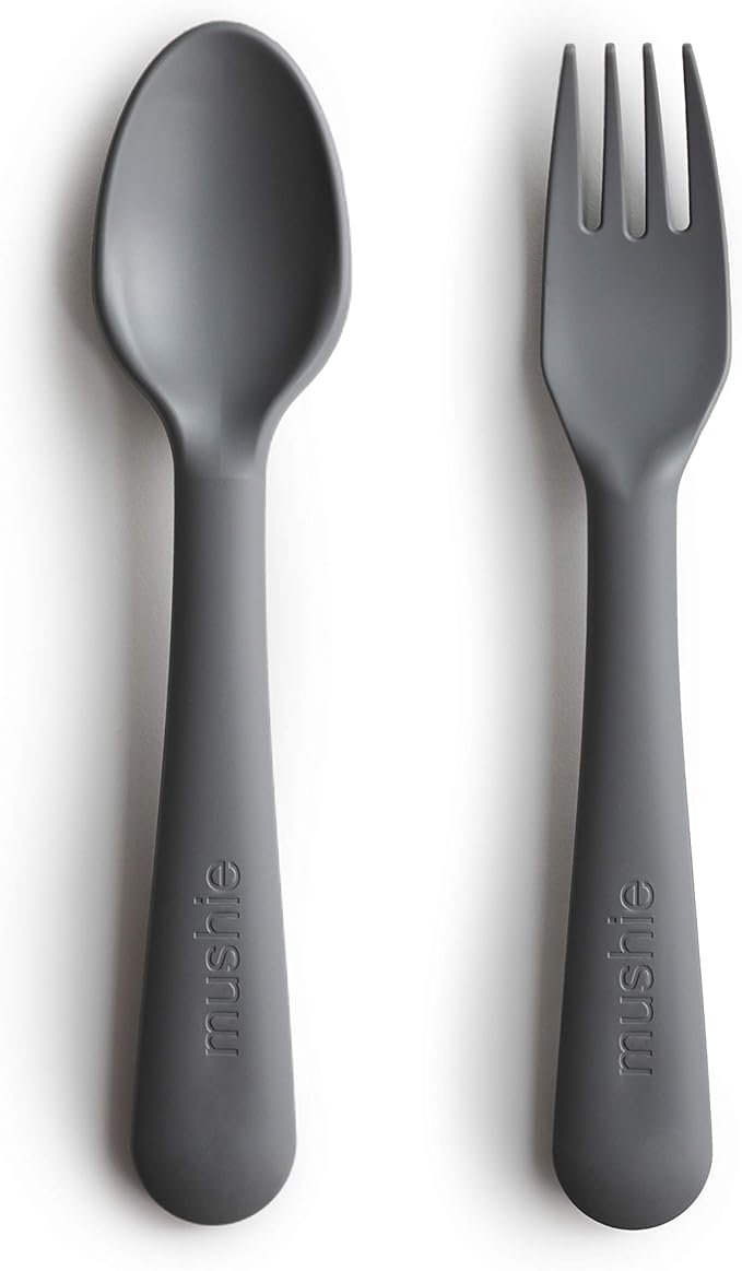 mushie Flatware Fork and Spoon Set For Kids | Made in Denmark (Smoke)