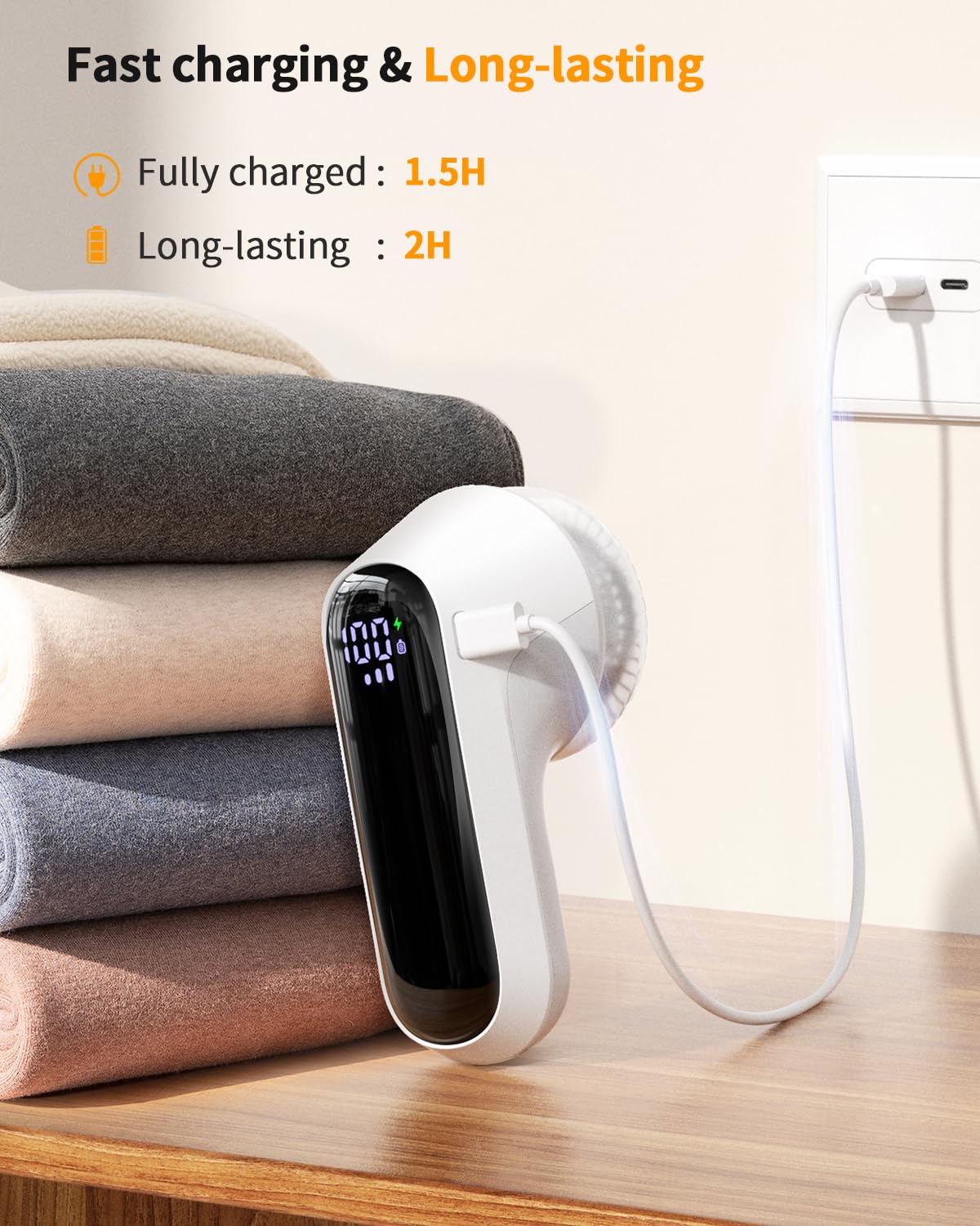 Fabric Shaver, Rechargeable Lint Shaver with Digital Display, Electric Portable Sweater Shaver with 6-Leaf Blades and Safety Lock, 3-Speeds Lint Remover to Remove Pilling for Clothes, Furniture White