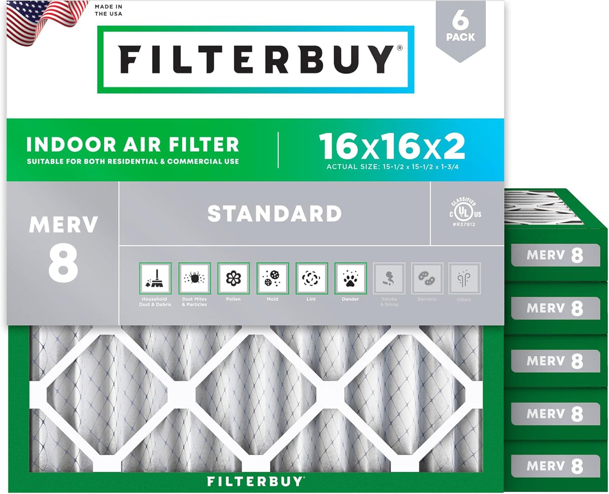 Filterbuy 16x16x2 Air Filter MERV 8 (MPR 700) Dust Defense Replacement (6-Pack), Electrostatic Pleated HVAC AC Furnace Filters, Made in USA (Actual Size: 15.50 x 15.50 x 1.75)