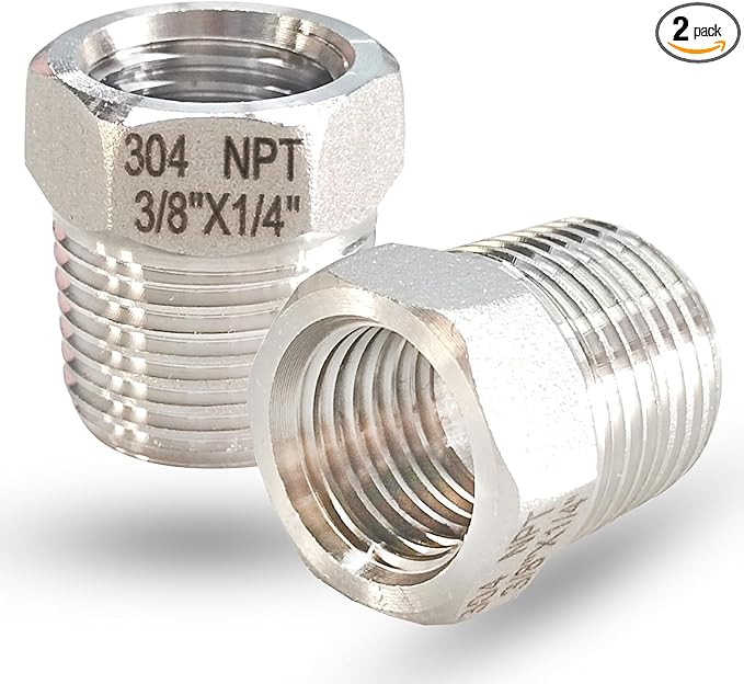 3/8" NPT Male to 1/4" NPT Female Hex Bushing Reducer, 304 Stainless Steel NPT Reducing Adapter Pipe Fitting, Heavy Duty Pipe Hex Bushing for Reducing Pipe (3/8” MNPT x 1/4” FNPT)