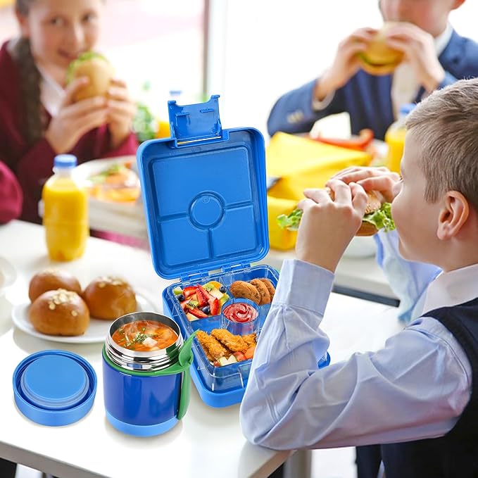 Bento Lunch Box Set With 10oz Soup Thermo, Leak-proof Lunch Containers with 4 Compartment, Kids Hot Thermo Food Jar/Insulation Lunch Bag, Food Containers for School （Blue）