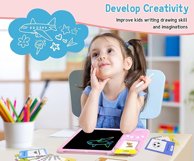 Rylai Toddler Toys Talking Flash Cards, Kindergarten Learning Resources 510 Sight Words with Drawing Tablet for Speaking Doodling, Sensory Toys for Kids with Autism, Boys Girls 2 3 4 5 6, Pink