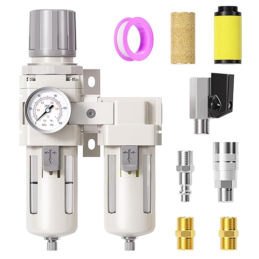 TAILONZ PNEUMATIC 0-150PSI 3/8 Inch NPT Particulate Filter+Coalescing Filter Air Filter Pressure Regulator Combo Piggyback, Air Tool Compressor Filter (Semi-Auto Drainage）