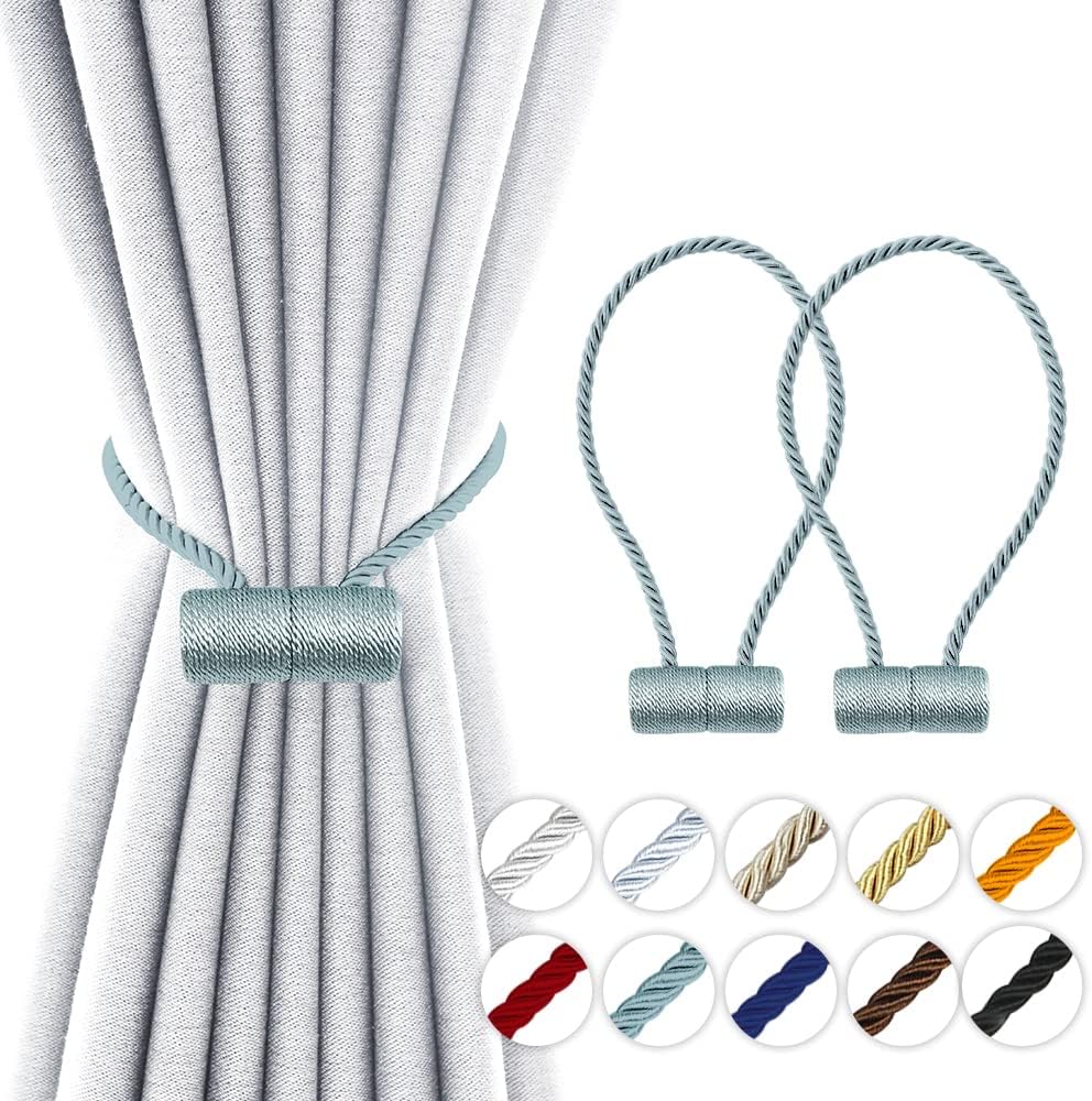 18 Inch Strong Magnetic Curtain Tiebacks, Curtain Holdbacks Modern Upgrade Strong 2021 New Twisted Style Decorative Drapery Rope Tie Backs(2 Pack Grey Blue)