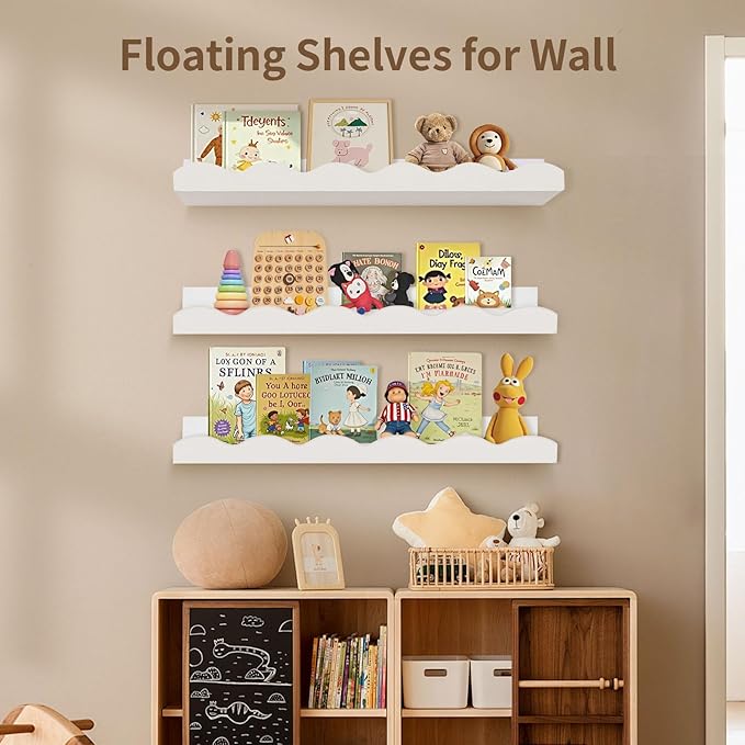 Nursery Book Shelves, 4 Pack White Floating Shelves for Wall, Wood Scalloped Shelves for Storage Books, Wall Book Shelf for Kids Rooms, Bedroom, Toddler Room, Baby Room, Nursery Decor
