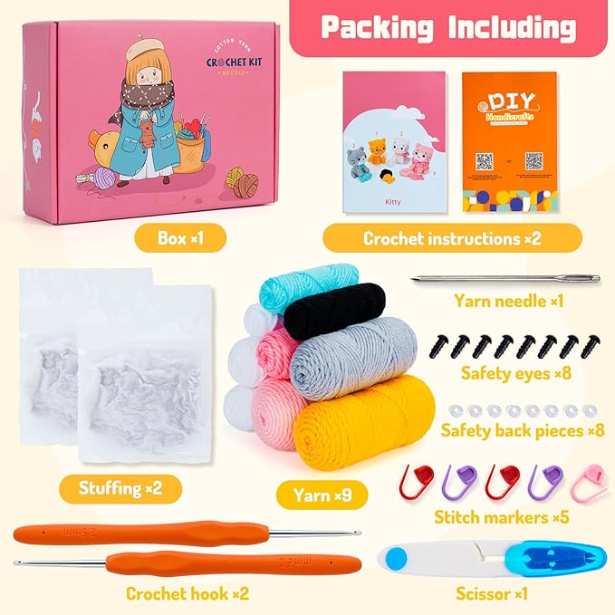 Crochet Kit for Beginners - Cat Crochet Kit with Step-by-Step Video Tutorials, Learn to Crochet Kits for Adults and Kids, 4 PCS Crochet Animals Cat with Hat, Toy, Fish Crocheting Set
