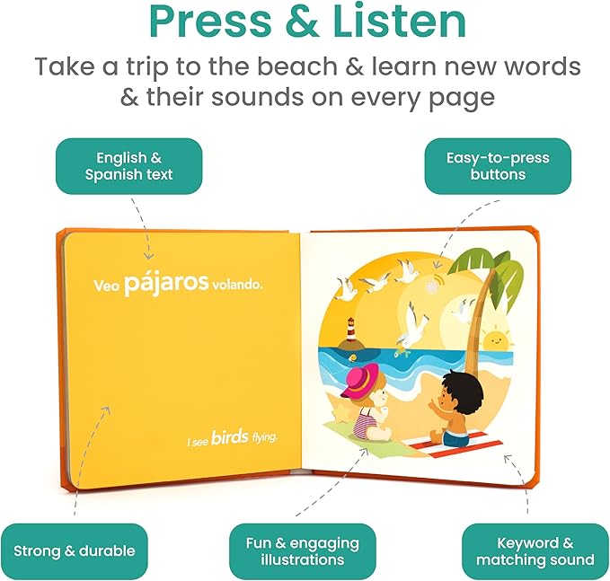 Binibi Spanish Books for Babies & Toddlers 1-3 The Beach Interactive Bilingual Sound Book with Fun Beach Sounds | Bilingual Children's Book | Spanish Learning for Kids