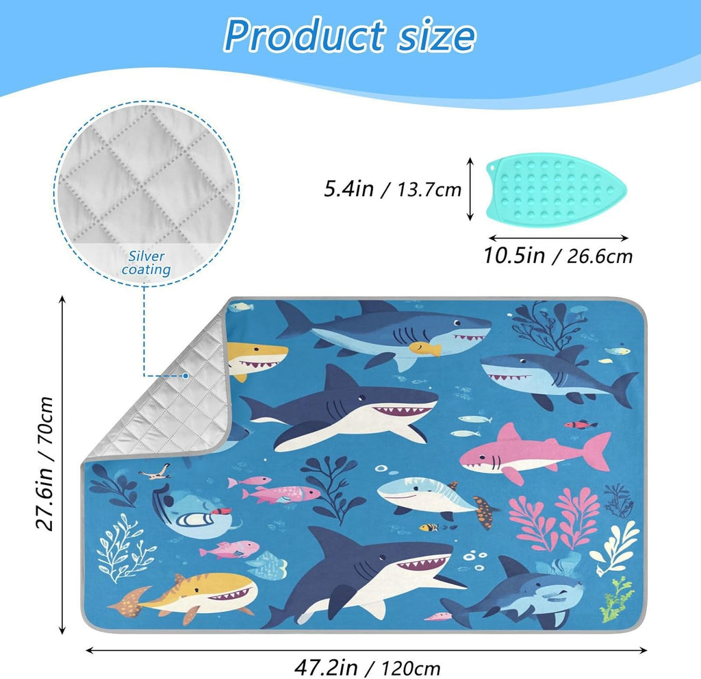 Sharks Fishes and Seaweed Blue Ironing Mat Thickened Ironing Blanket Travel Portable Double-Side Using Ironing Pad Travel Isolate Heat Pad Cover for Washer Dryer Table Top Countertop 27.6x47.2i