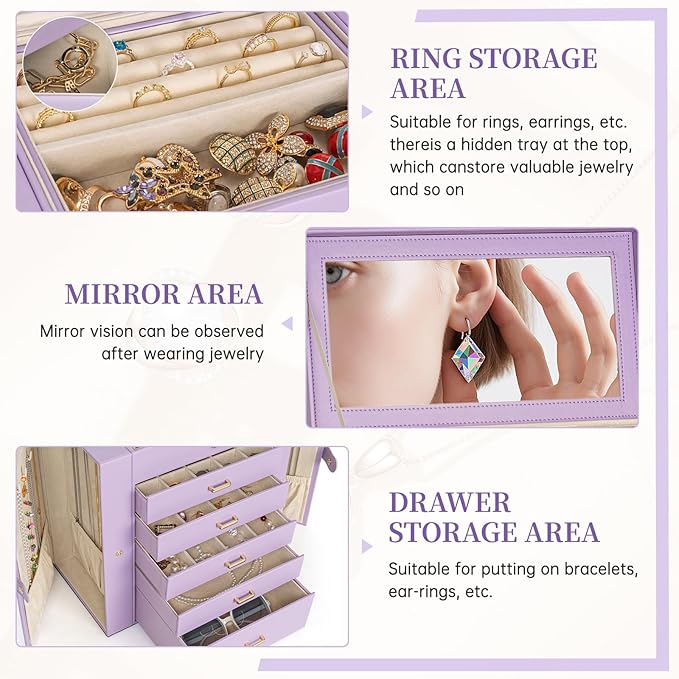 AKOZLIN Extra Large 6-Tier Jewelry Box Organizer Functional Huge, 5 Drawers Leather Jewelry Storage Case for Women Girls Ring Necklace Earring Bracelet Holder Organizer with Mirror Violet